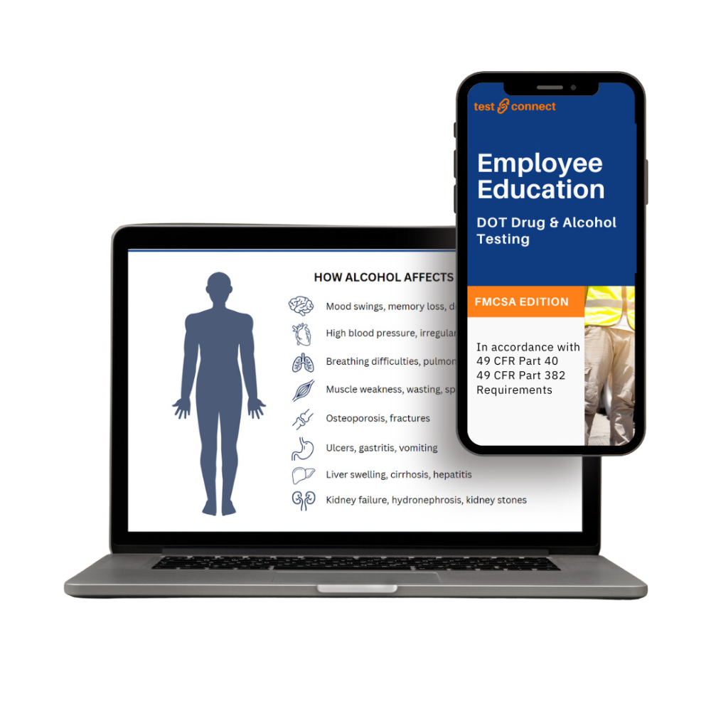 Laptop and smart phone displaying employee education workbook for DOT drug and alcohol testing program