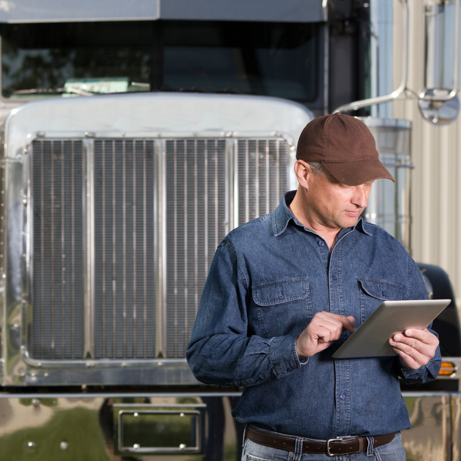 Caucasian male truck driver using electronic tablet and standing in front of freight truck.